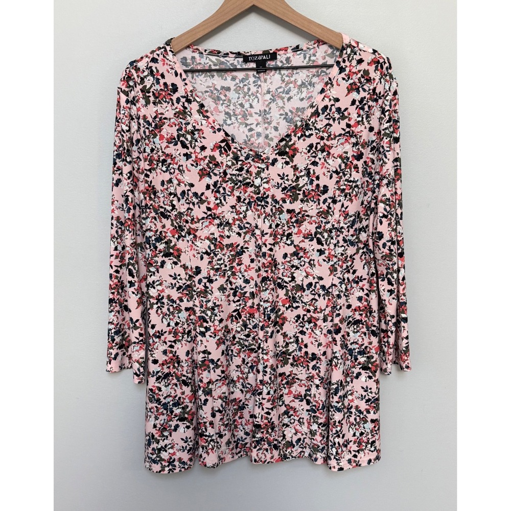 Roz & Ali Womens Pink Floral V-Neck 3/4 Sleeve‎ XL Blouse Top Stretch Flare Hem